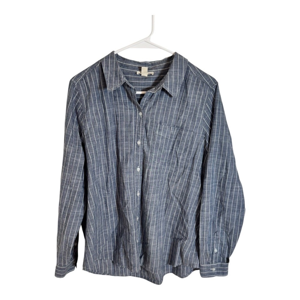 GOODTHREADS Men's Blue White Stripe Long Sleeve Button Down Shirt‎ Size L